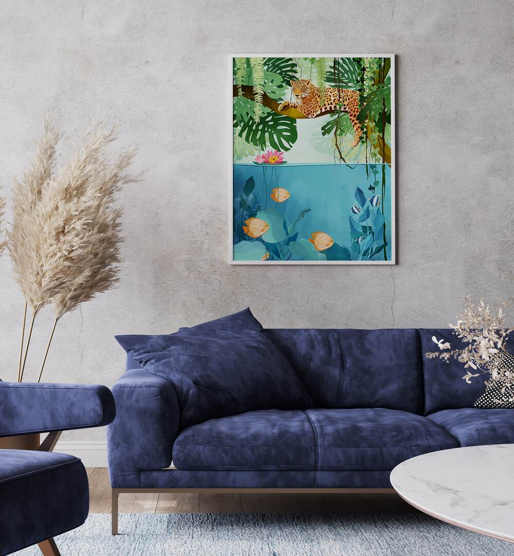 Welcome To The Jungle By Goed Blauw Kids Room Art Prints in White Plain Frame placed on a Grey Colored Wall  near a Blue Sofa in the Living Room