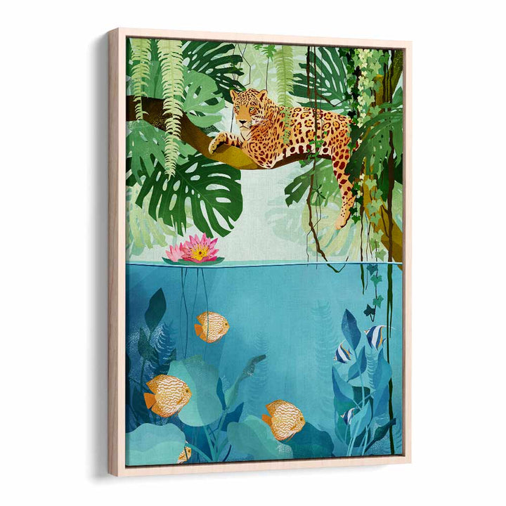 Welcome To The Jungle By Goed Blauw Kids Room Art Prints in Oak Wood Floater Frame