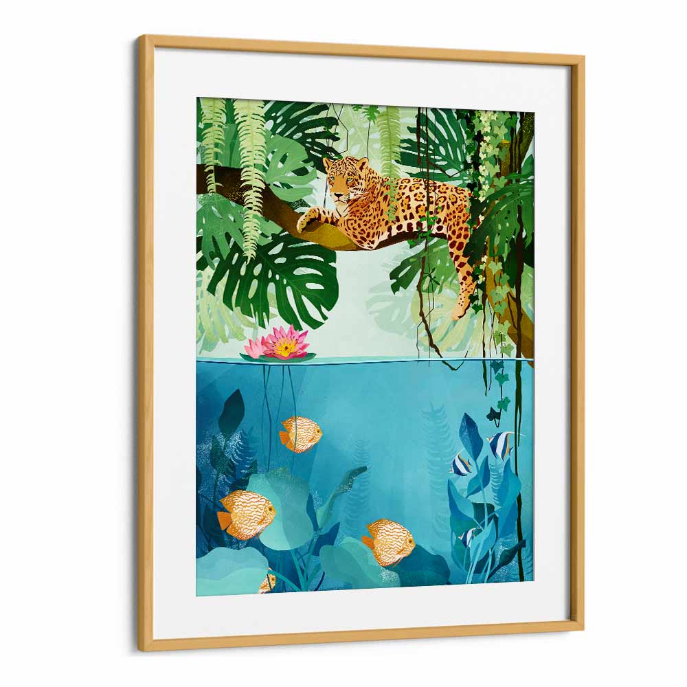 Welcome To The Jungle By Goed Blauw Kids Room Art Prints in Oak Wood Frame With Mount