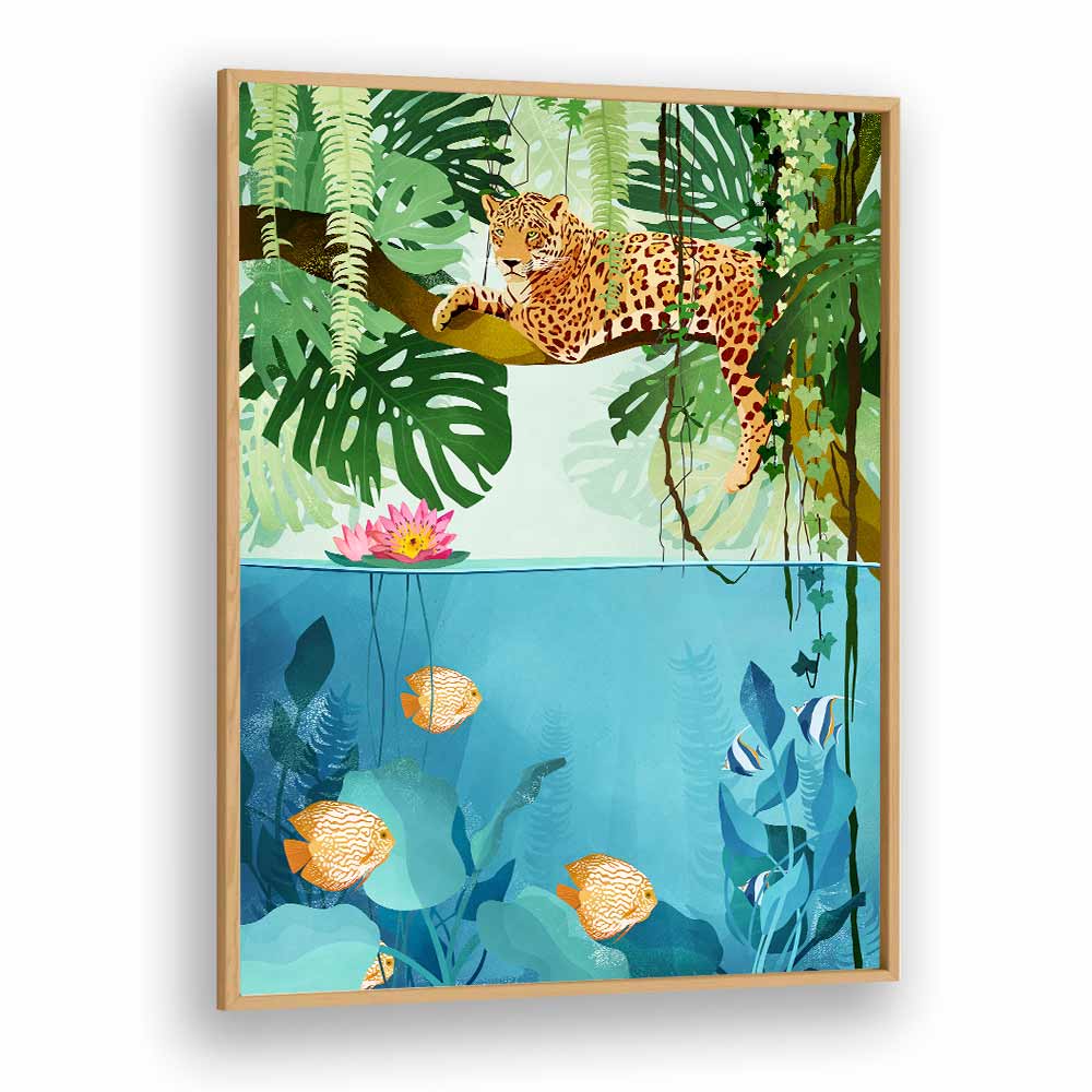 Welcome To The Jungle By Goed Blauw Kids Room Art Prints in Oak Wood Plain Frame