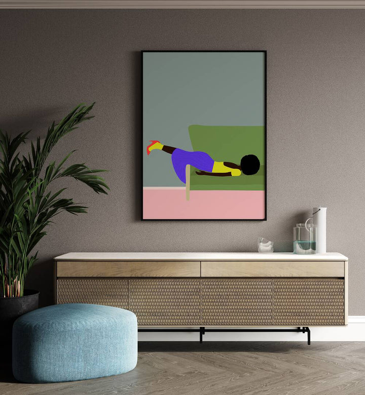 Wendy by Jota De Jai Women Illustrations Paintings in Black Plain Frame placed on  a wall behind a console table