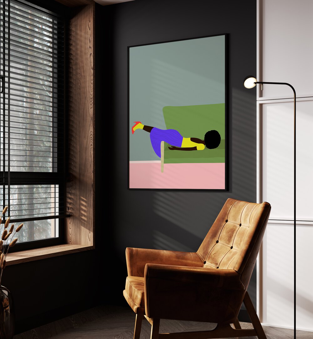 Wendy by Jota De Jai Women Illustrations Paintings in Black Plain Frame placed on a wall beside an orange sofa