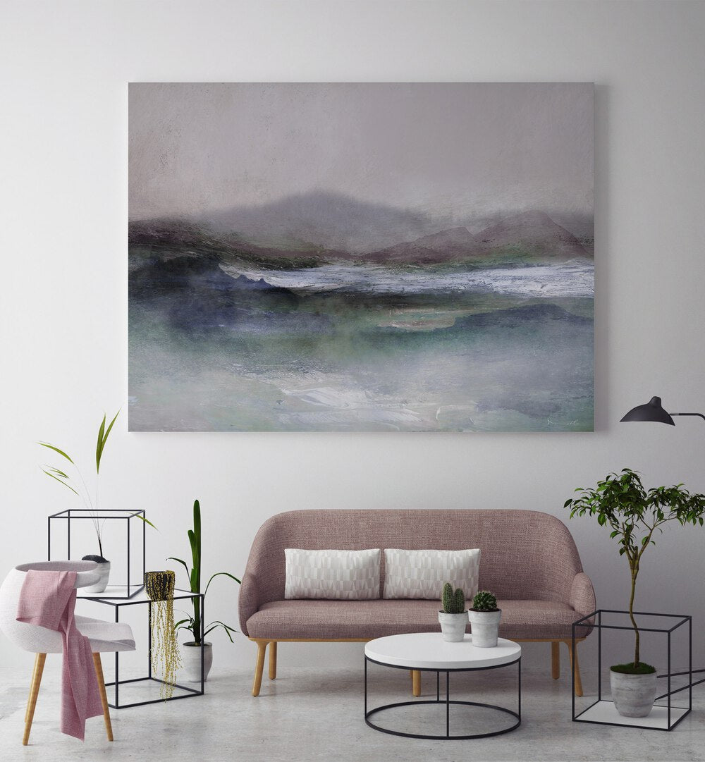 West Peak By Dan Hobday Abstract Art Abstract Paintings in Gallery Wrap placed on a White Colored Wall near a Pink Sofa in the Living Room