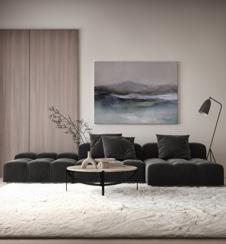 West Peak By Dan Hobday Abstract Art Abstract Paintings in Gallery Wrap placed on a Cream Colored Wall near a Black Sofa in the Living Room