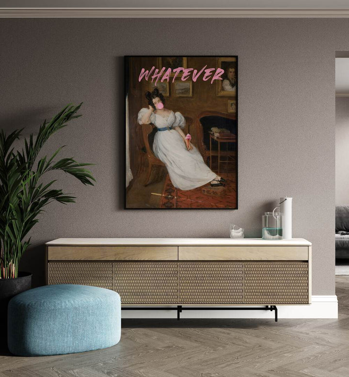 Whatever by the Art Concept Altered Art Prints in Black Plain Frame placed on a wall behind a console table