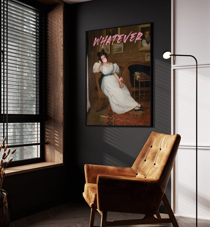 Whatever by the Art Concept Altered Art Prints in Black Plain Frame placed on a wall beside an orange sofa