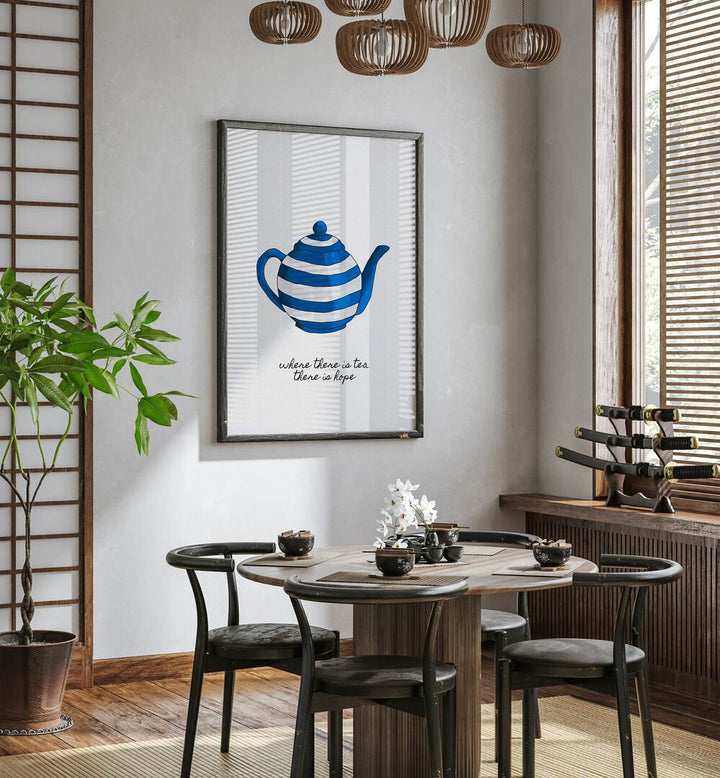 Where There Is Tea By Orara Studio Kitchen Posters Kitchen Art Prints in Dark Wood Plain Frame placed on a White Colored Wall near a Dining Table in the Dining Room