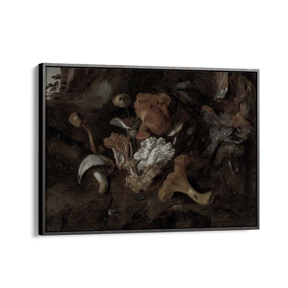 Whimsical Whispers Dancing Mushrooms In The Forest Glade Gothic Art Prints in Black Floater Frame