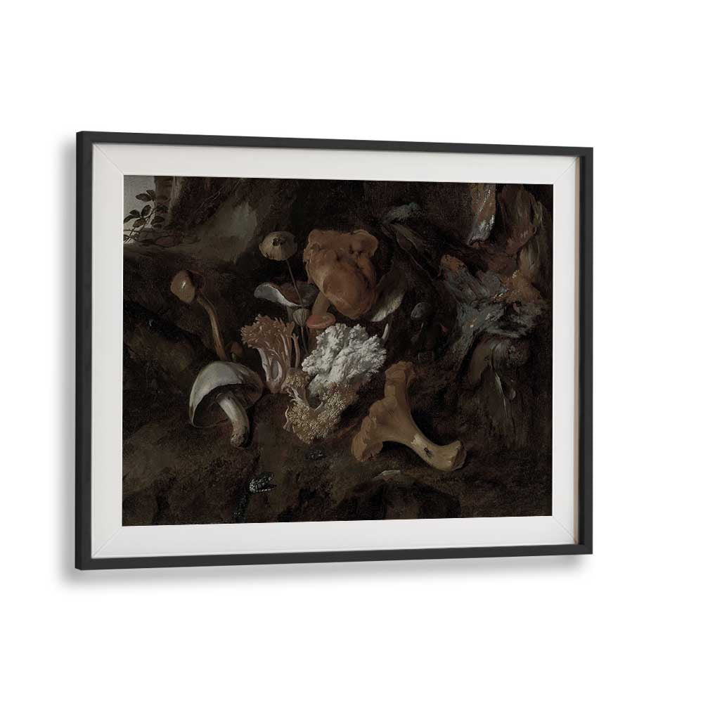 Whimsical Whispers Dancing Mushrooms In The Forest Glade Gothic Art Prints in Black Frame With Mount