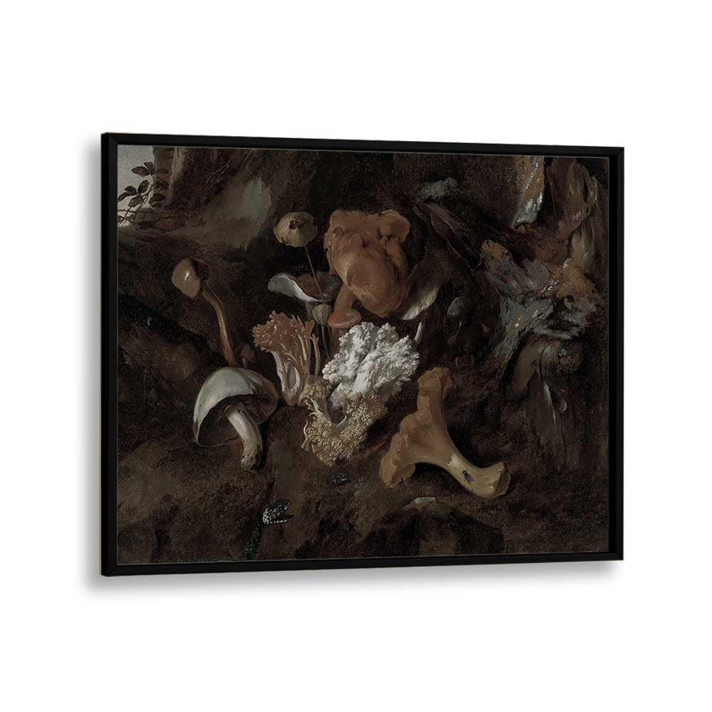 Whimsical Whispers Dancing Mushrooms In The Forest Glade Gothic Art Prints in Black Plain Frame