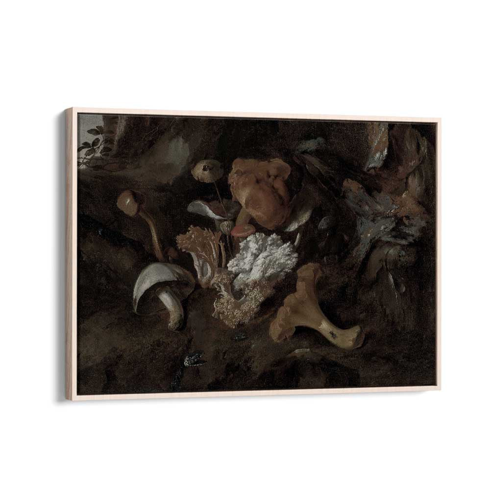 Whimsical Whispers Dancing Mushrooms In The Forest Glade Gothic Art Prints in Oak Wood Floater Frame