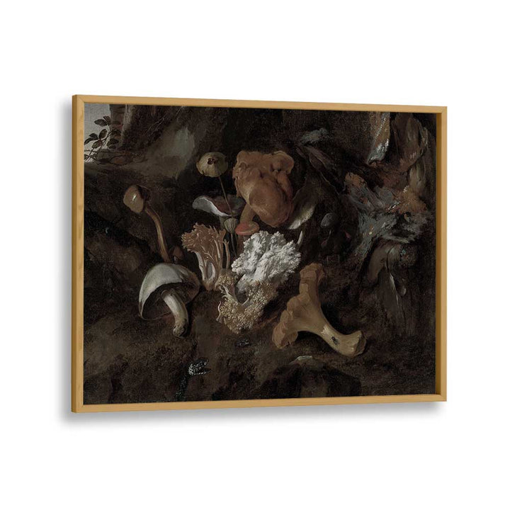 Whimsical Whispers Dancing Mushrooms In The Forest Glade Gothic Art Prints in Oak Wood Plain Frame