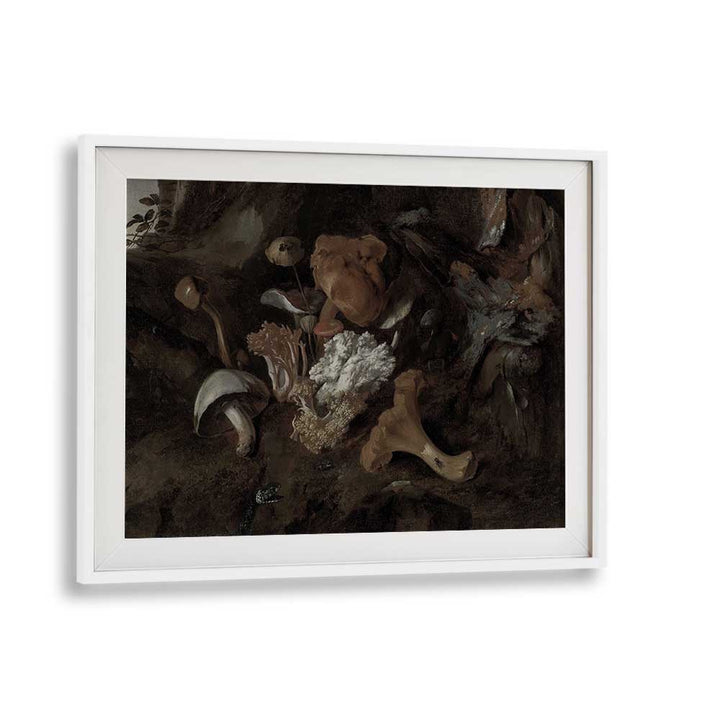 Whimsical Whispers Dancing Mushrooms In The Forest Glade Gothic Art Prints in White Frame With Mount