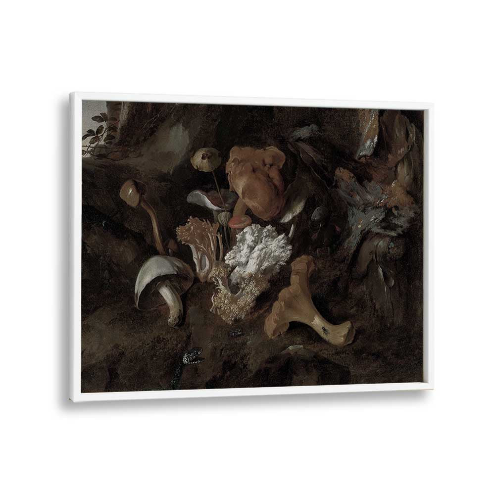 Whimsical Whispers Dancing Mushrooms In The Forest Glade Gothic Art Prints in White Plain Frame