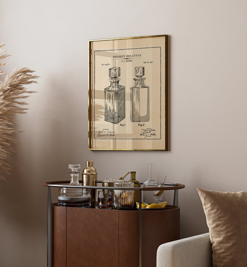 Whiskey Decanter Cafe Art Prints Cafe Posters in Gold Plain Frame placed on a wall behind a table