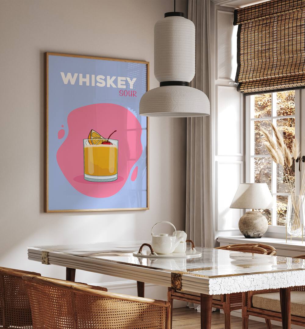 Whisky Sour  Cafe Art Prints Cafe Posters in Oak Wood Plain Frame placed on a wall in a dining room area beside a window and behind a dining table