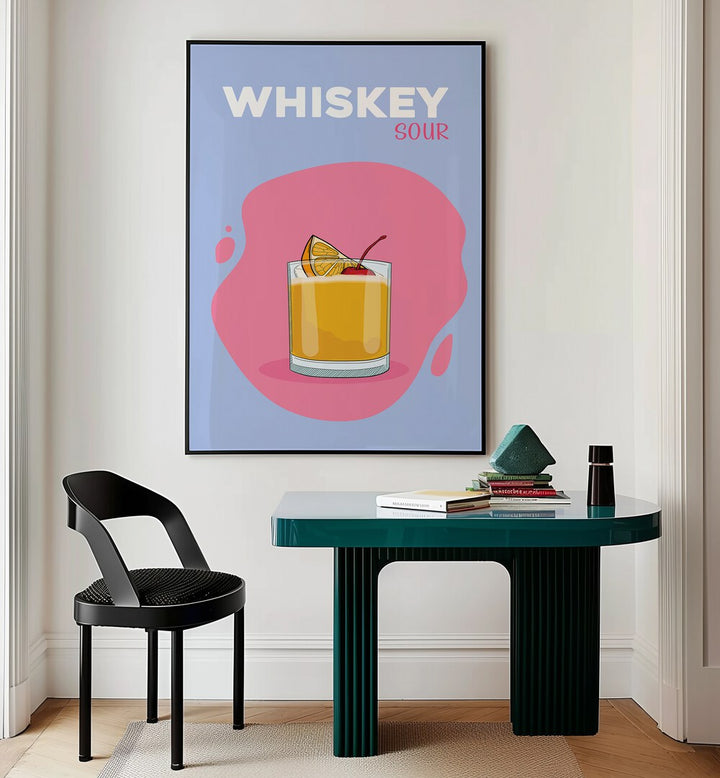 Whisky Sour  Cafe Art Prints Cafe Posters in Black Plain Frame placed on a wall behind a study table