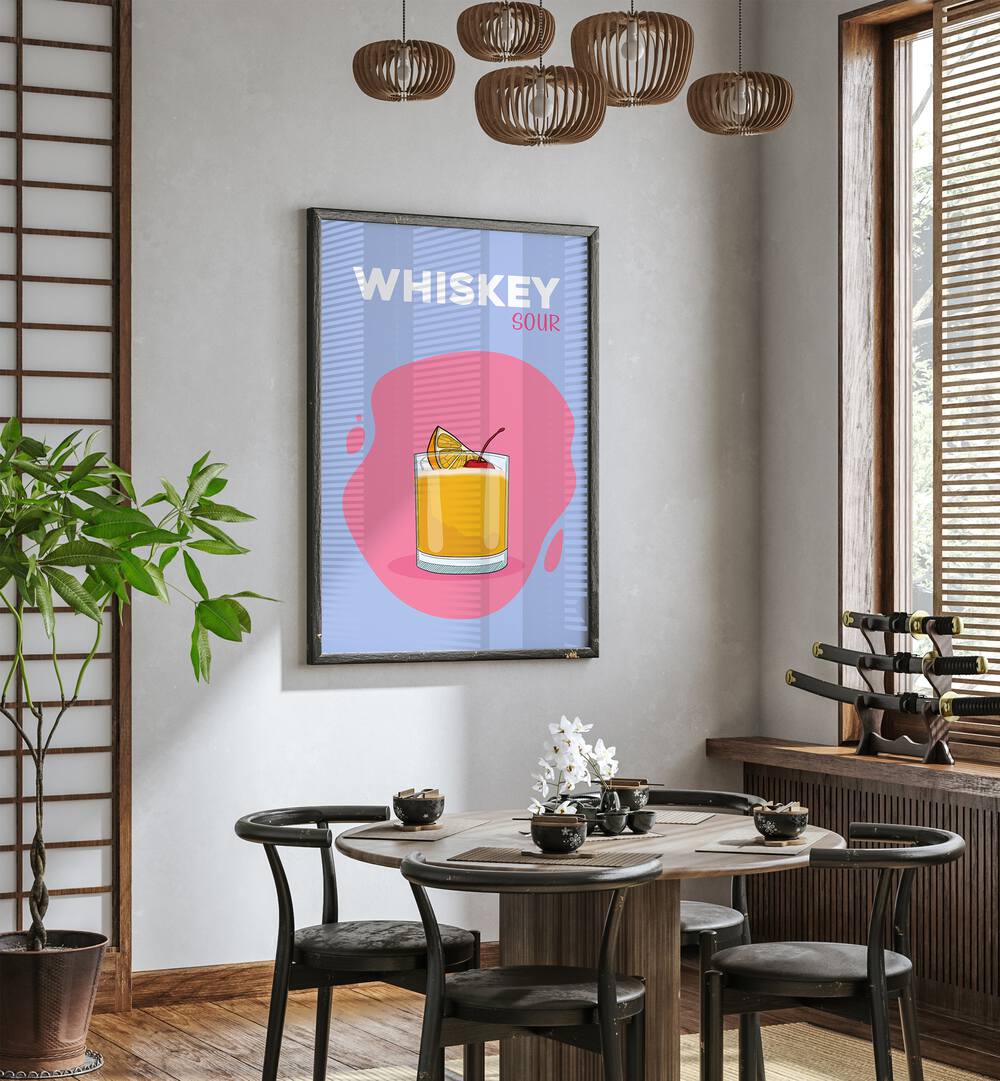 Whisky Sour Cafe Art Prints Cafe Posters in Black Plain Frame placed on a wall in a dining room area beside a window and behind a dining table