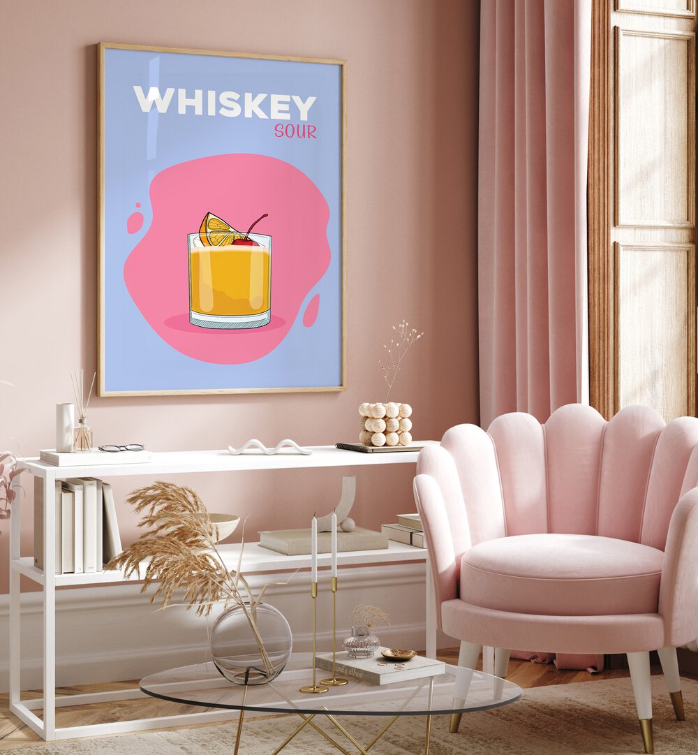 Whisky Sour Cafe Art Prints Cafe Posters in Oak Wood Plain Frame placed on a wall behind a table