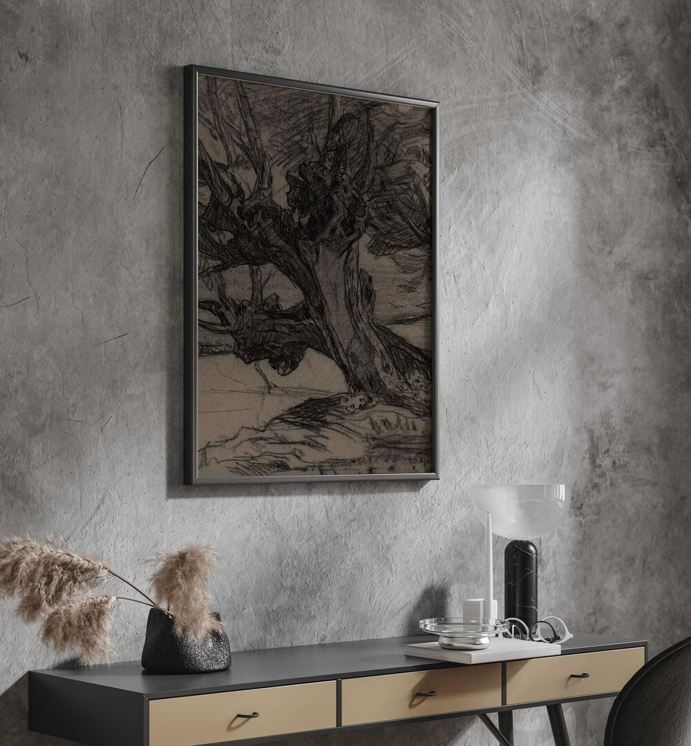 Whispering Willows Gothic Wall Art Prints in Black Plain Frame hanging on wall above console table.