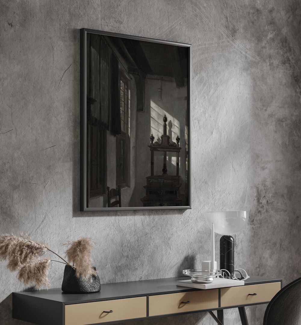 Whispering Window Gothic Wall Art Prints in Black Plain Frame hanging on wall above console table.