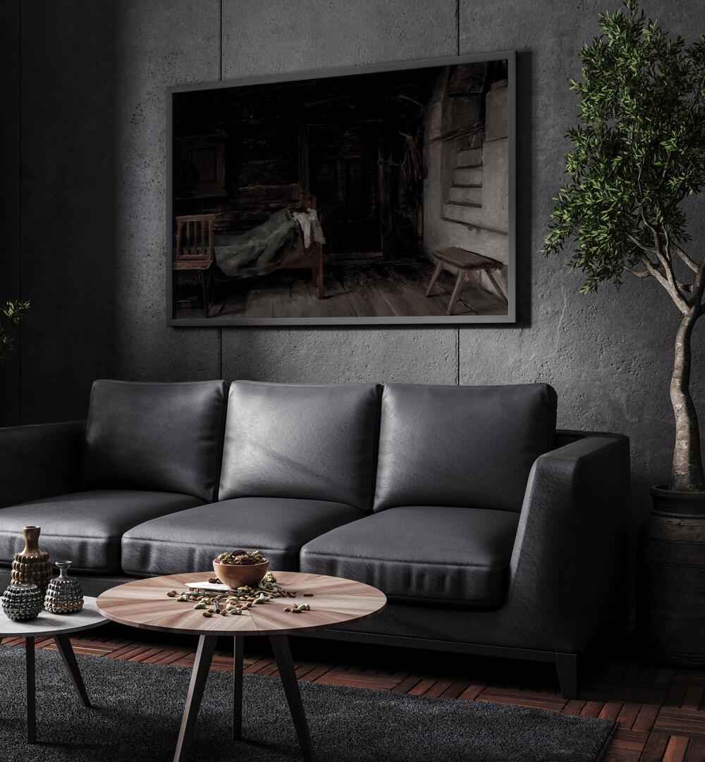 Whispers From The Abyss Tales Of Gothic Intrigue ii Gothic Art Prints in Black Plain Frame hanging on a wall above black leather couch beside a plant.