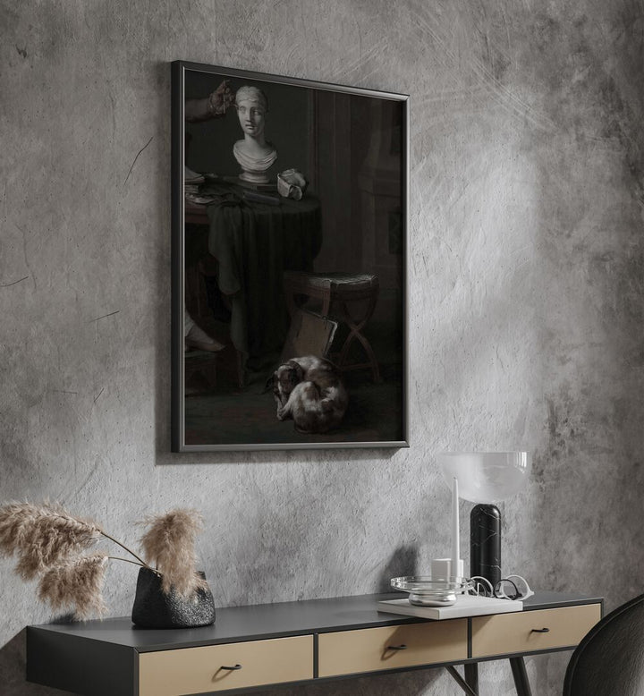 Whispers Of Stone Gothic Wall Art Prints in Black Plain Frame hanging on wall above console table.