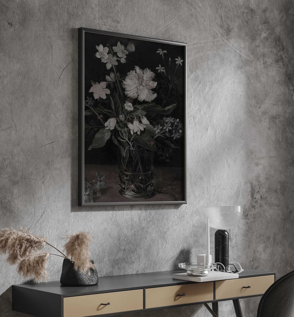 Whispers Of White Petals Gothic Wall Art Prints in Black Plain Frame hanging on wall above console table.