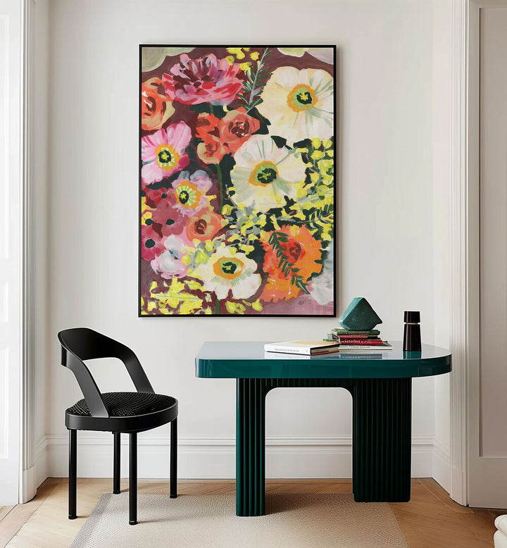 White Anemones By Ania Zwara Botanical Art Prints Floral Paintings in Black Plain Frame placed on a Cream Colored Wall near a Table in a Workspace in the Drawing Room