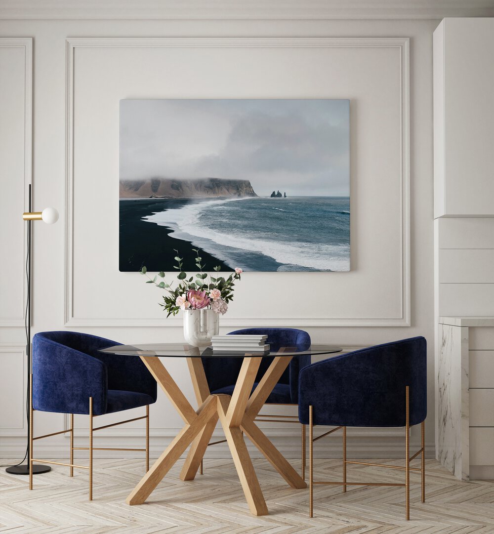 White Crest Cadence Beach Prints Coastal Wall Art in Gallery Wrap placed on a wall behind a dining table