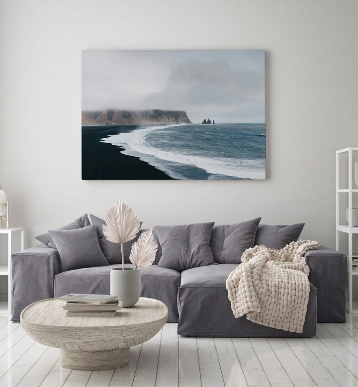 White Crest Cadence Beach Prints Coastal Wall Art in Gallery Wrap placed on a wall behind a sofa