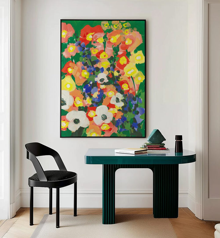 White Flower With Blue Bells By Ania Zwara Botanical Art Prints Floral Paintings in Black Plain Frame placed on a Cream Colored Wall near a Table in a Workspace in the Drawing Room 