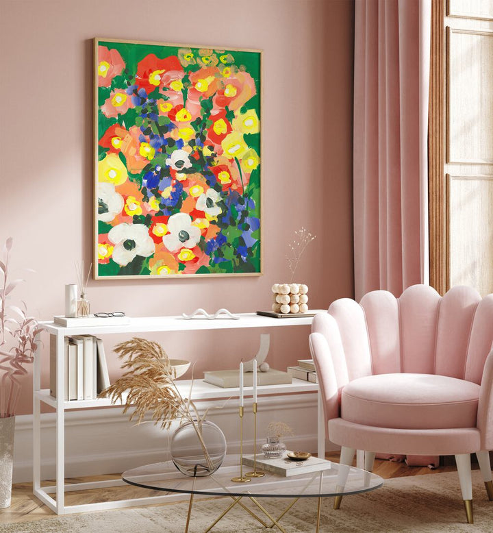 White Flower With Blue Bells By Ania Zwara Botanical Art Prints Floral Paintings in Oak Wood Plain Frame placed on a Pink Colored Wall above a Console Table in the Drawing Room