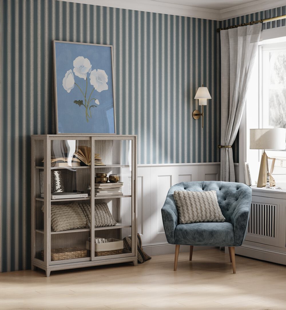 White On Blue By Goed Blauw Botanical Art Prints in Oak Wood Plain Frame placed on a Cabinet near a Blue and Grey Striped Wall in the Drawing Room