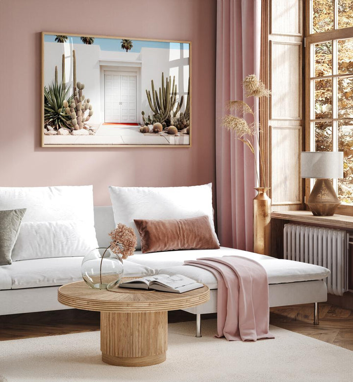 Elegant WHITE MID-CENTURY MODERN HOUSE decor with BEACH PAINTINGS, perfect for modern living spaces.