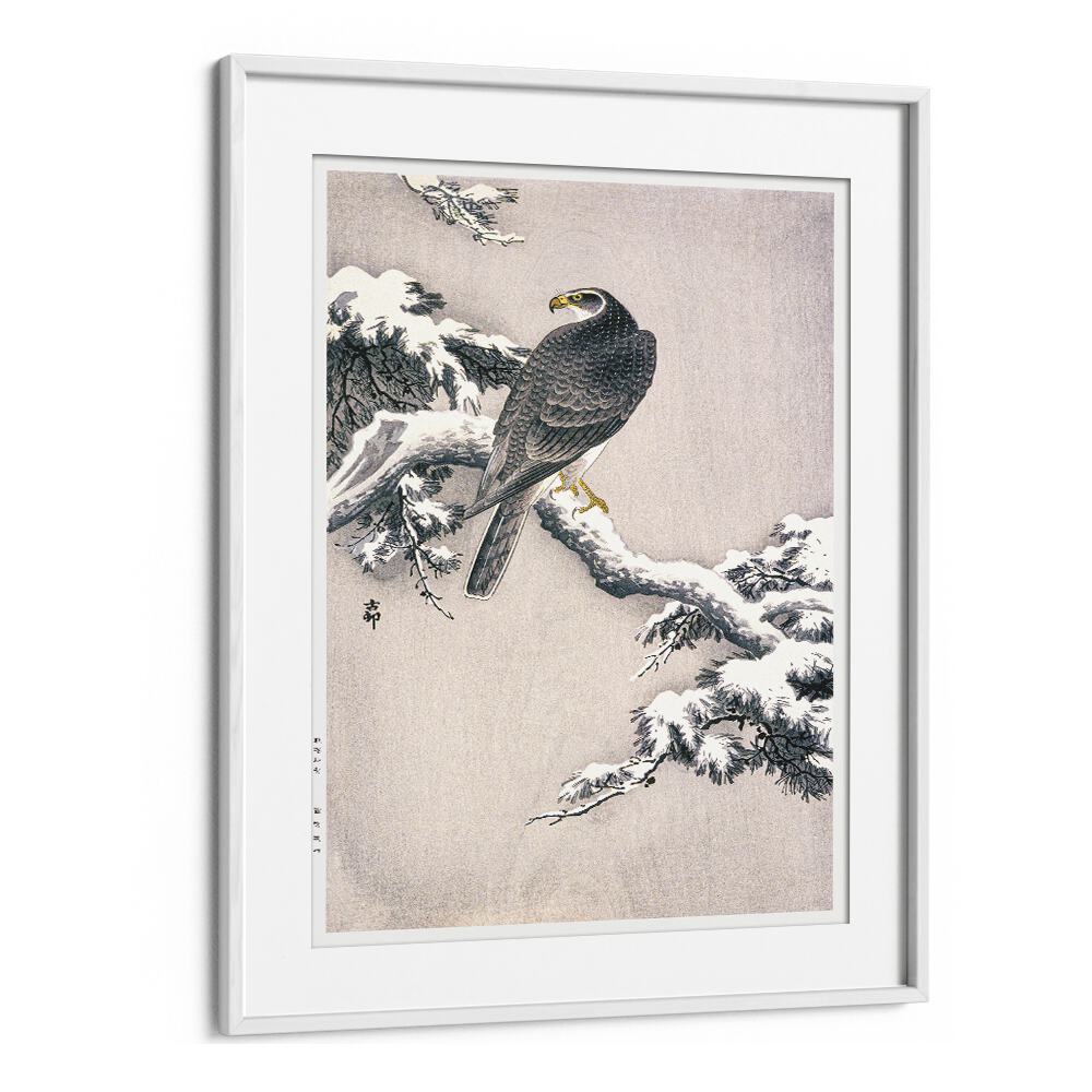 GOSHAWK ON SNOW-COVERED PINE BOUGH BY OHARA KOSON (1877–1945)