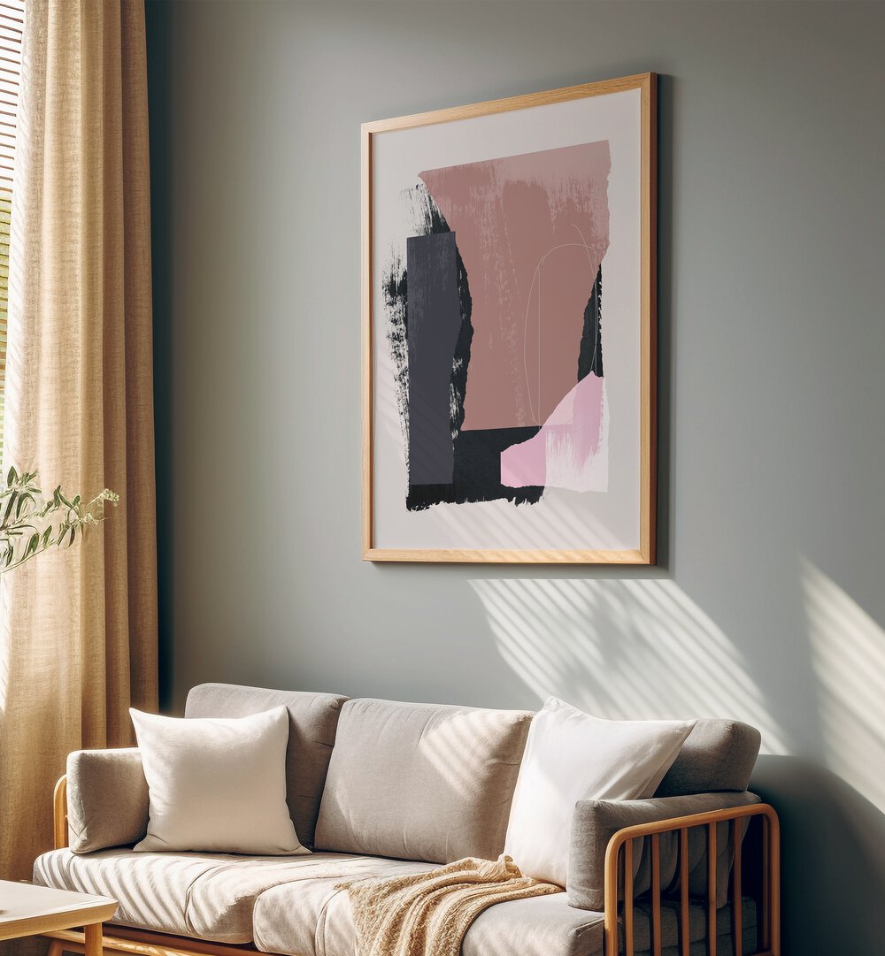 Wholeness In Pieces By Mareike Bohmer Abstract Art Abstract Paintings in Oak Wood Plain Frame placed on a Grey Colored Wall in the Living Room