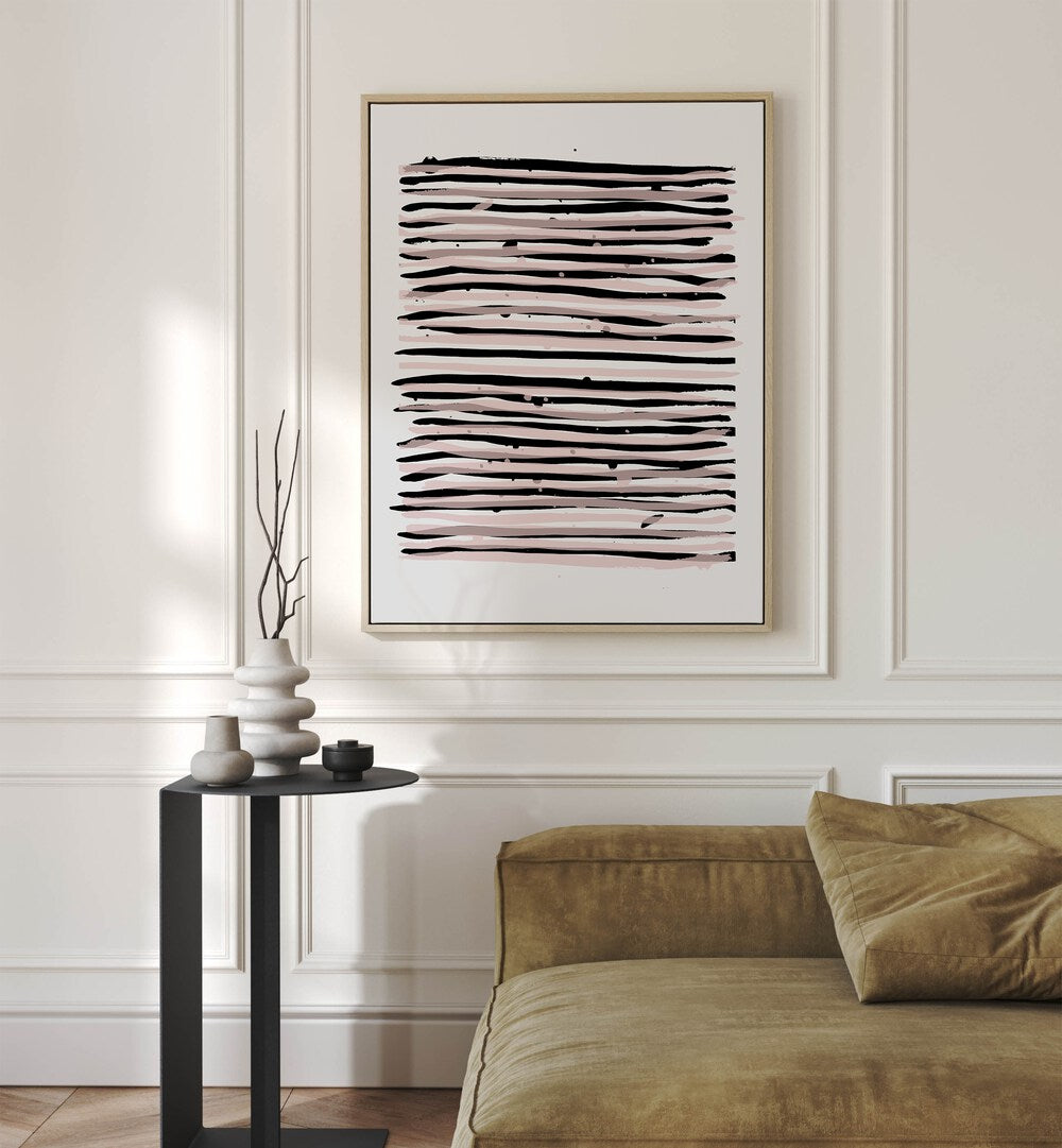 Wholeness In Pieces II By Mareike Bohmer Abstract Art Abstract Paintings in Oak Wood Floater Frame placed on a White Colored Wall near a Sofa in the Living Room