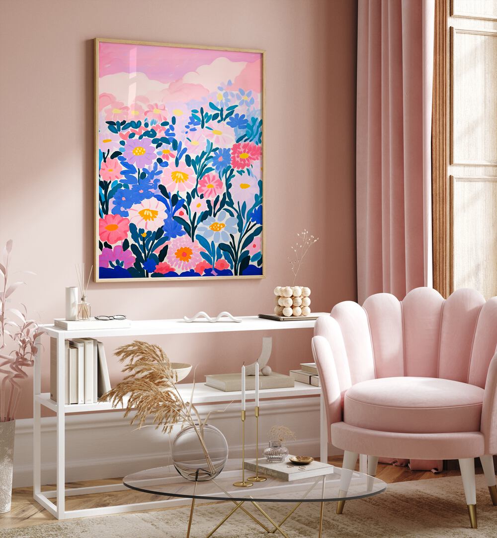 Wild Flower Field By Treechild Botanical Art Prints in Oak Wood Plain Frame placed on a Pink Colored Wall above a Console Table in the Drawing Room