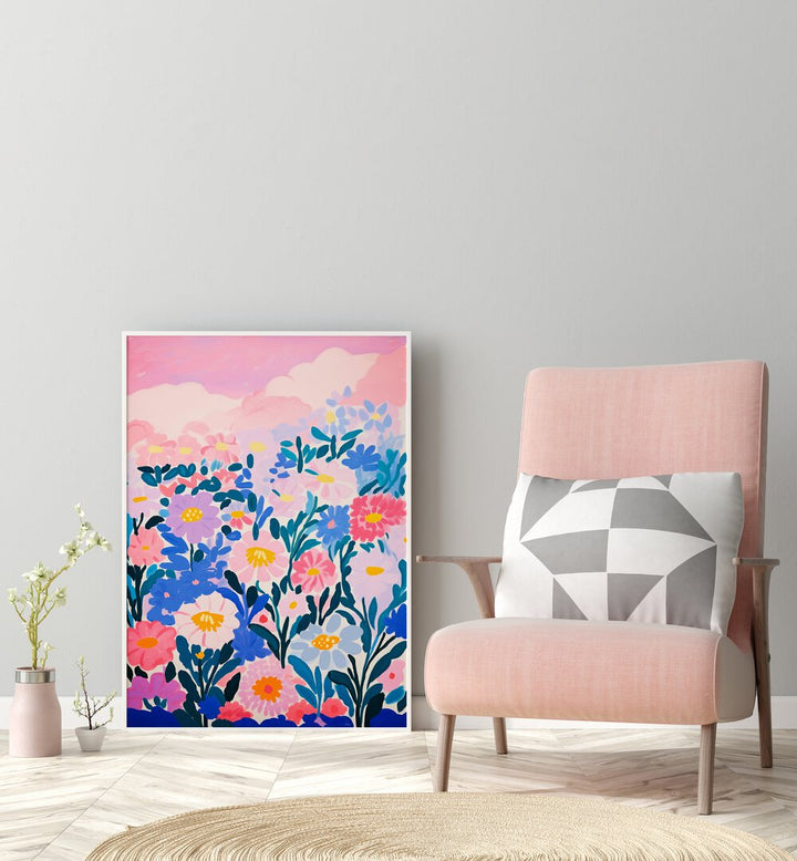 Wild Flower Field By Treechild Botanical Art Prints in White Plain Frame placed on the floor near a Grey Colored Wall in the Drawing Room