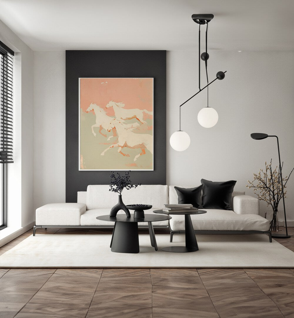 Wild Horses I By Treechild Wildlife Art Prints in White Plain Frame placed on a Grey Section of a White Colored Wall near a White Sofa in the Living Room