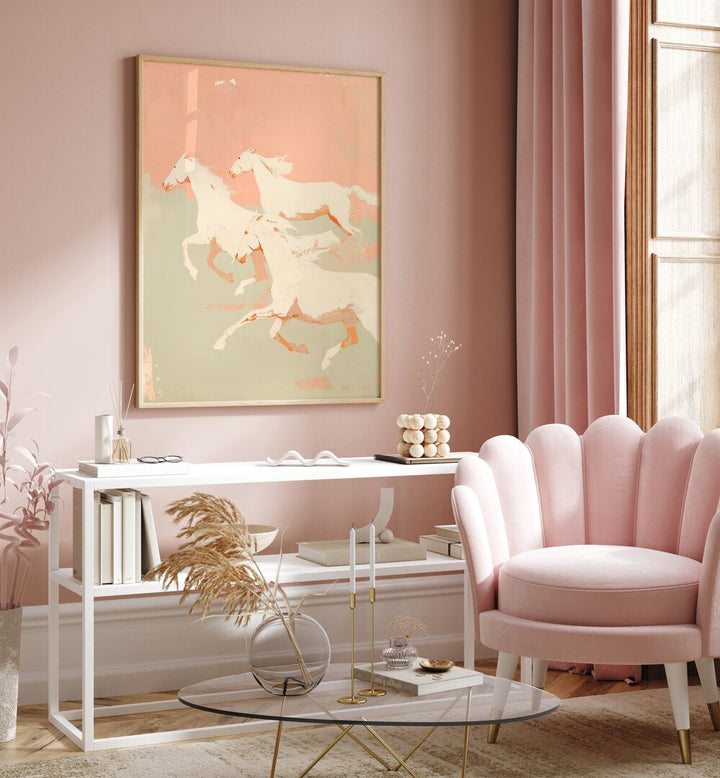 Wild Horses I By Treechild Wildlife Art Prints in Oak Wood Plain Frame placed on a Pink Colored Wall in the Drawing Room