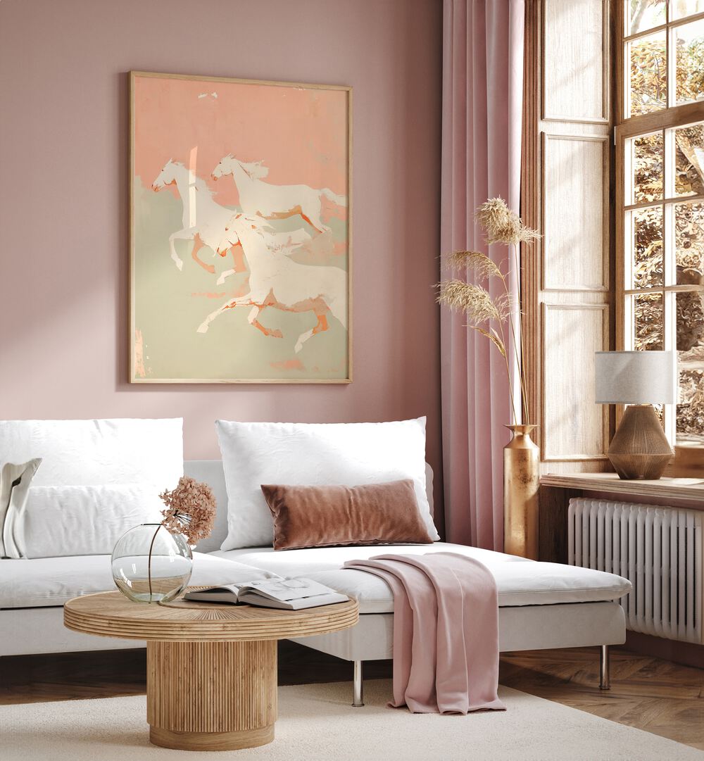 Wild Horses I By Treechild Wildlife Art Prints in Oak Wood Plain Frame placed on a Pink Colored Wall near a White Sofa in the Living Room