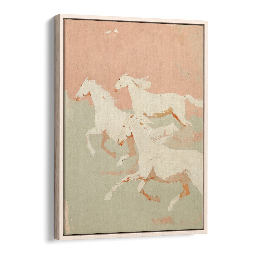 Wild Horses I By Treechild Wildlife Art Prints in Oak Wood Floater Frame