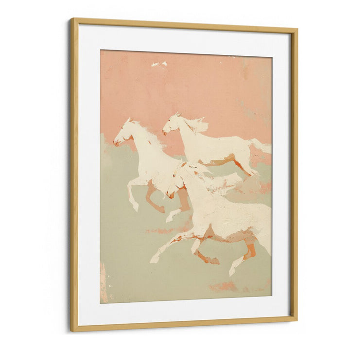 Wild Horses I By Treechild Wildlife Art Prints in Oak Wood Frame With Mount