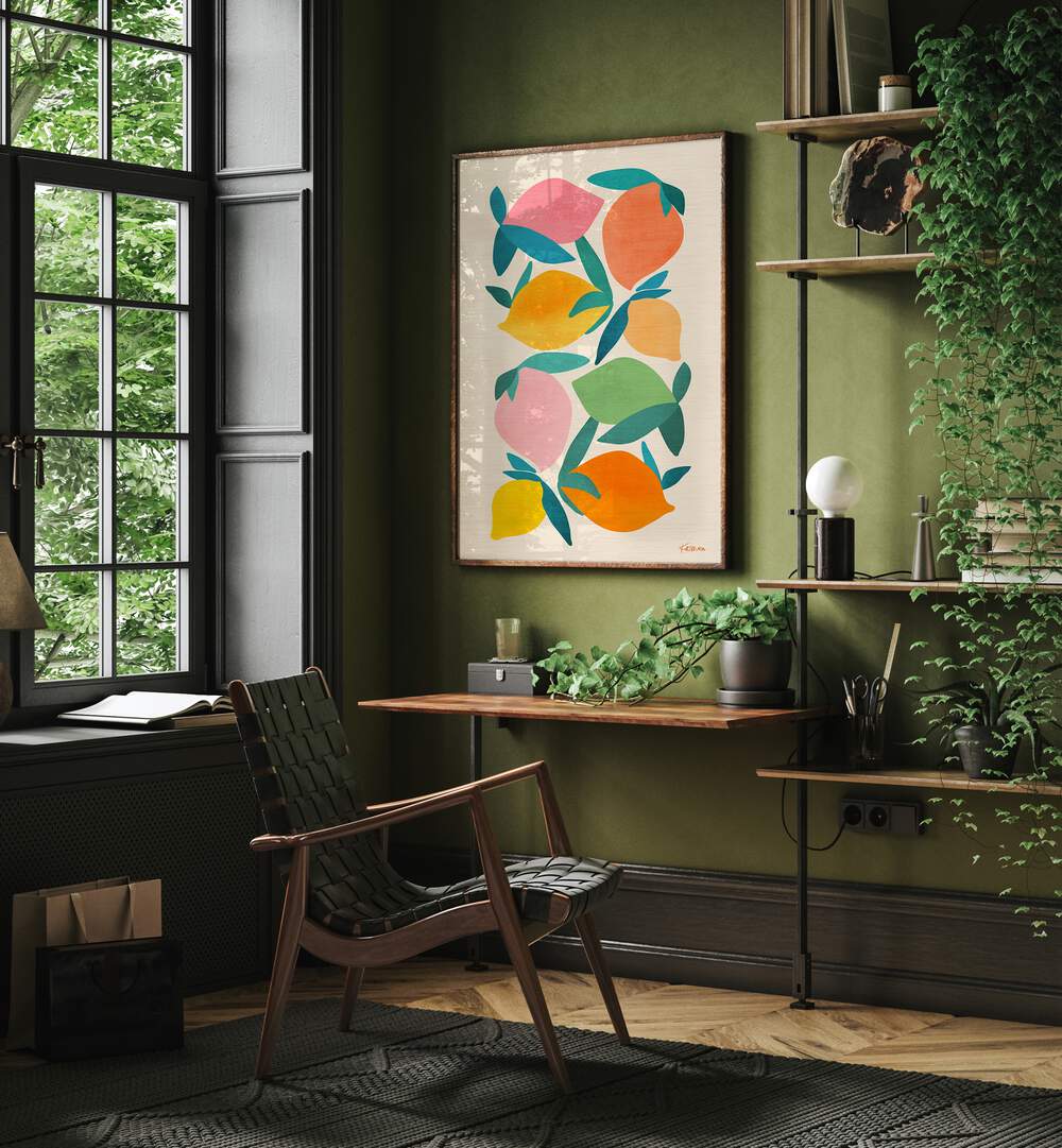 Wild Mango ii by Kristian Gallagher Wall Art Prints in Dark Wood Plain Frame behind a table and beside a window