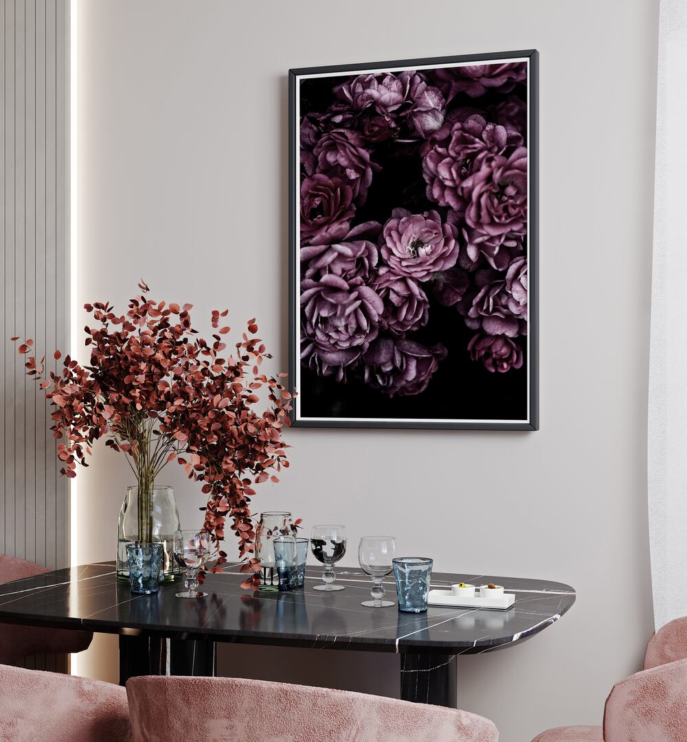 Wild Roses By Mareike Böhmer Abstract Art Abstract Paintings in Black Plain Frame placed on a White Colored Wall near a Dining Table in the Dining Room 