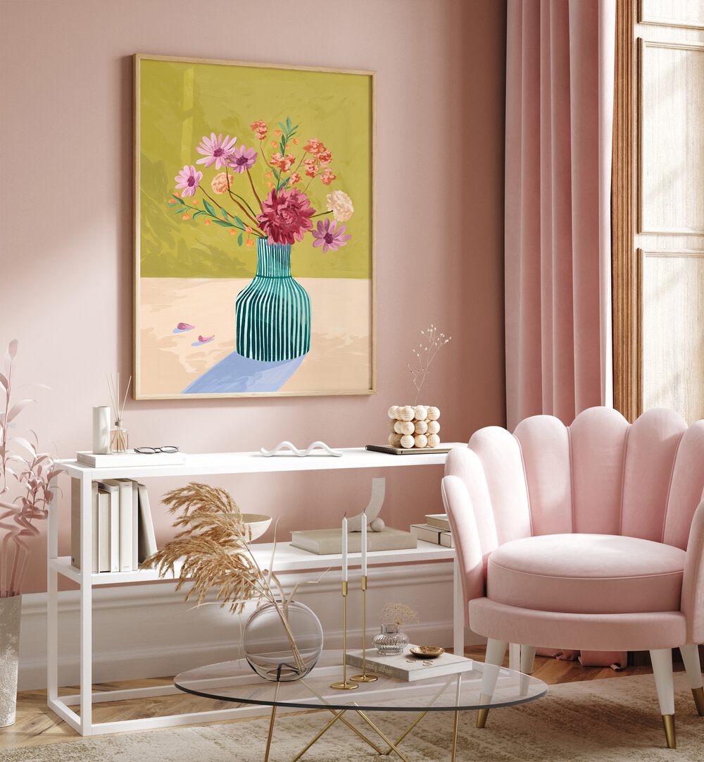 Wilderflowers By Goed Blauw Botanical Art Prints in Oak Wood Plain Frame placed on a Pink Colored Wall above a Table in the Drawing Room