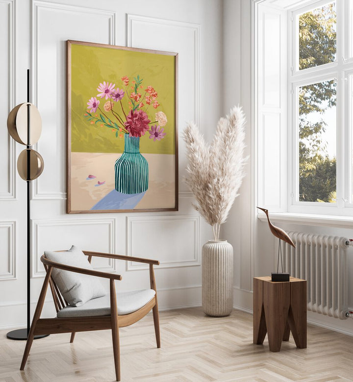 Wilderflowers By Goed Blauw Botanical Art Prints in Dark Wood Plain Frame placed on a White Colored Wall in the Drawing Room