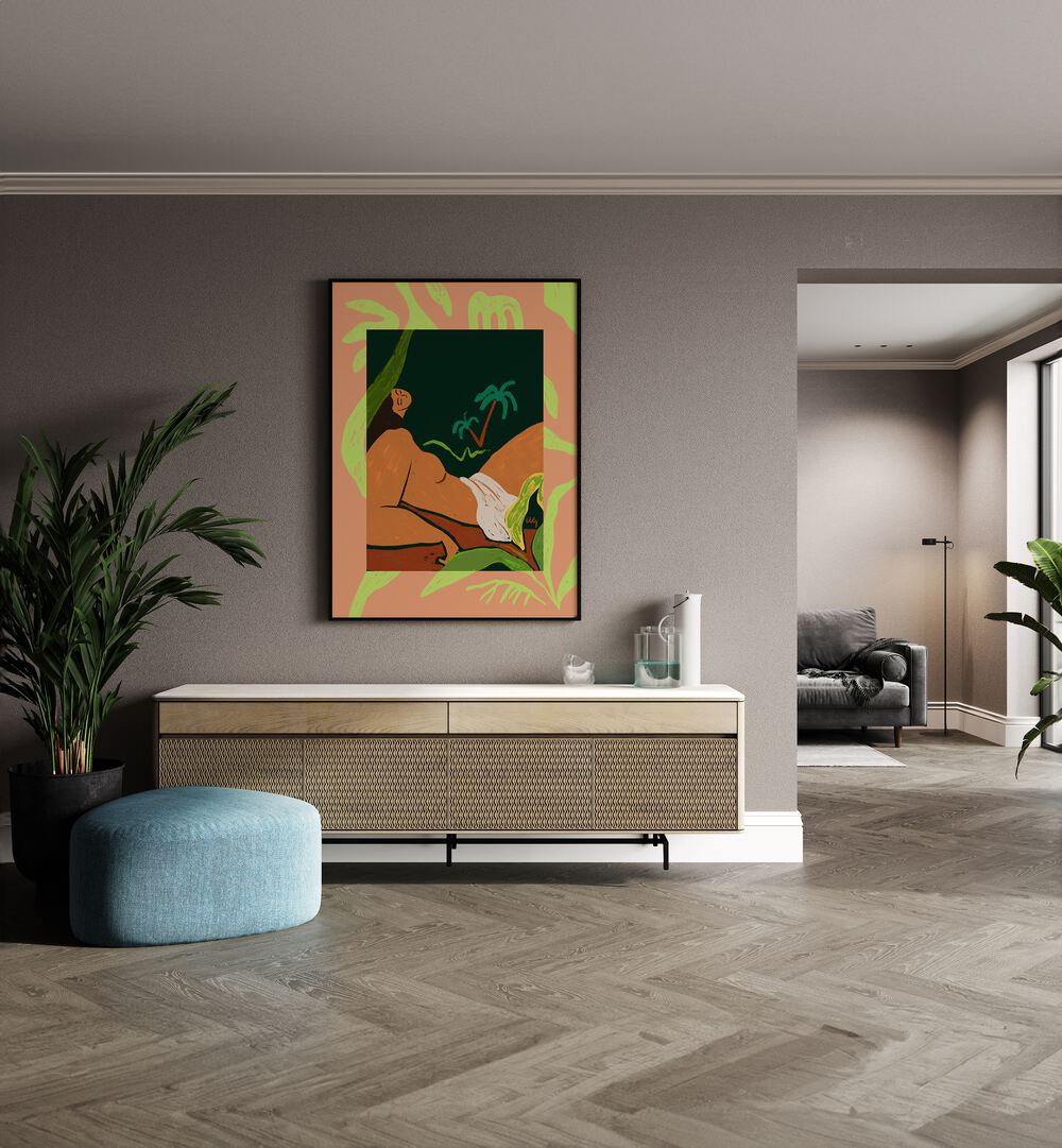 Window By Arty Guava Wall Art Prints in Black Plain Frame placed on a Beige Colored Wall above a Console Table in the Drawing Room